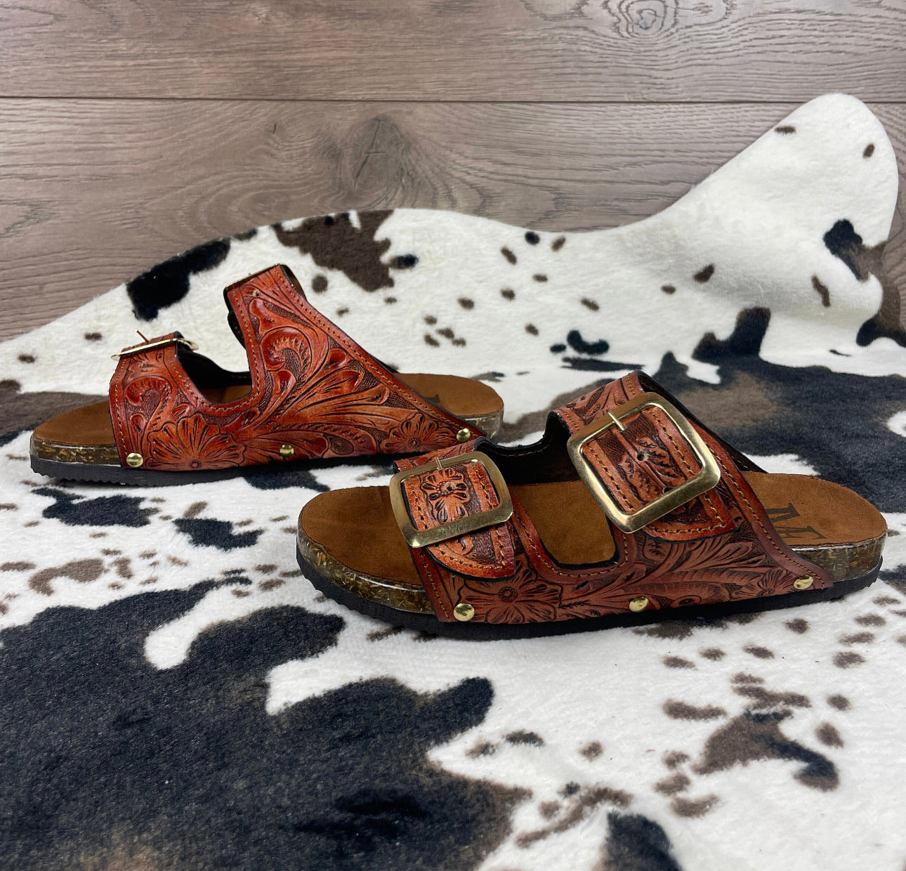 Beautiful handmade hand tooled leather double strap sandals - Size 8US models JJWesternAccessories