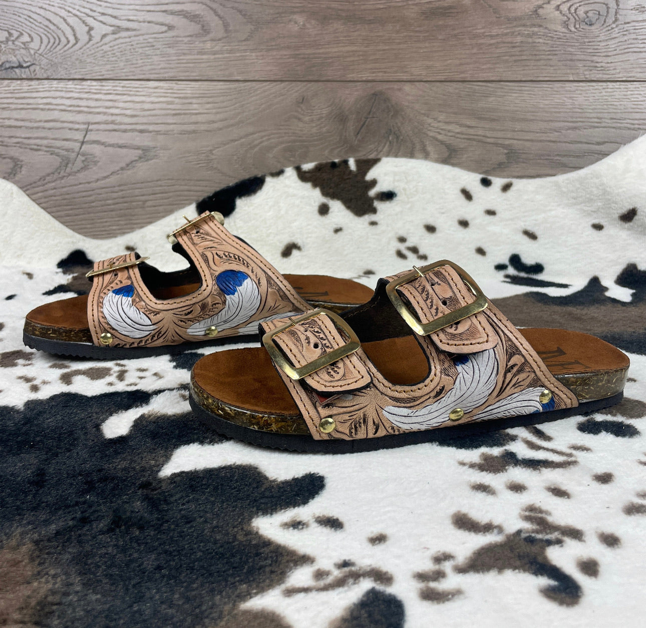 Beautiful handmade hand tooled leather double strap sandals - Size 8US models JJWesternAccessories
