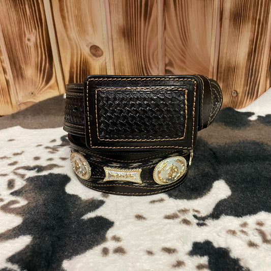Brown Western Concho Cowboy Braided Horsehair Hand Tooled Leather Belt