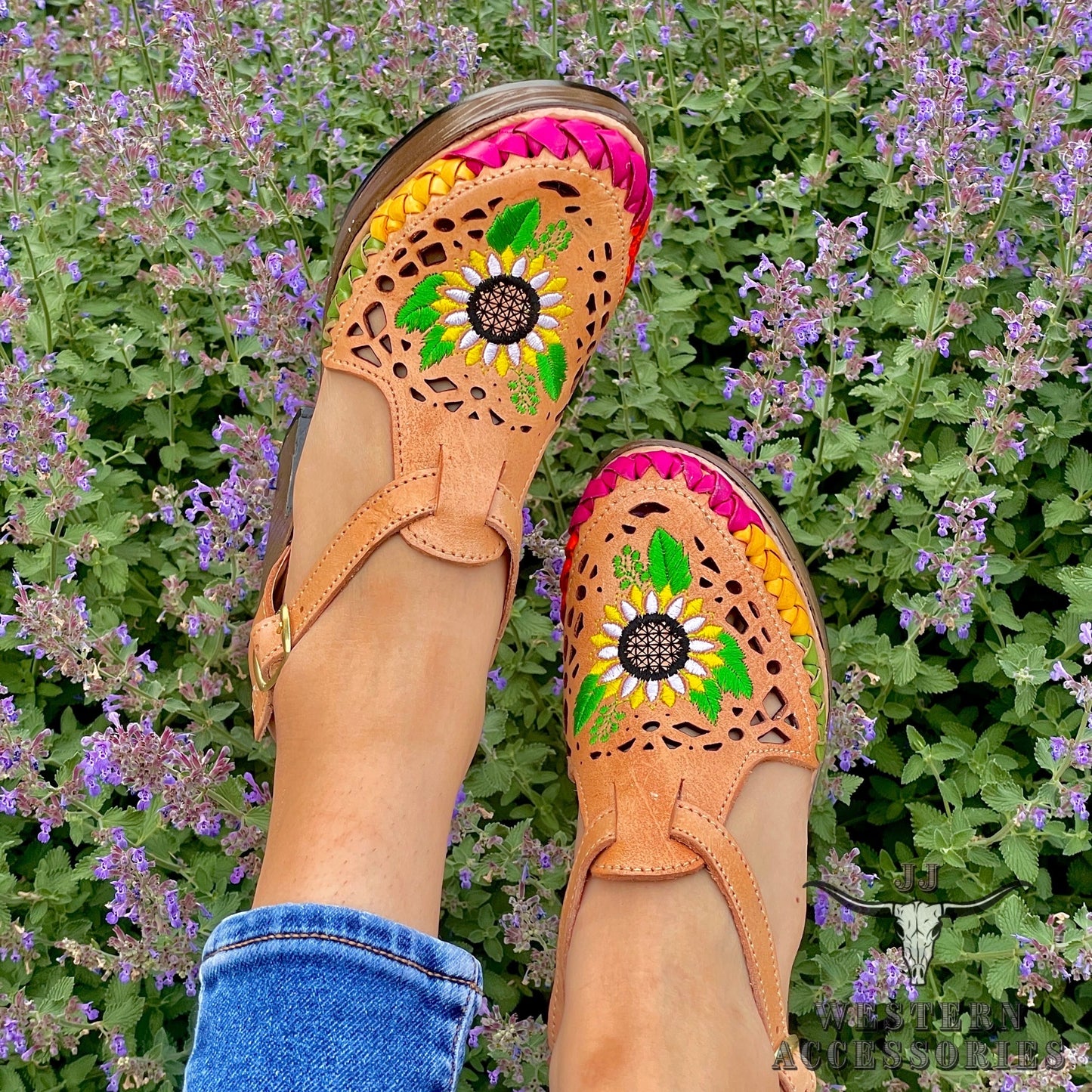 Huaraches Mexicanos Tacon Laser Girasol Laser Cut Sunflower Heel Sandal